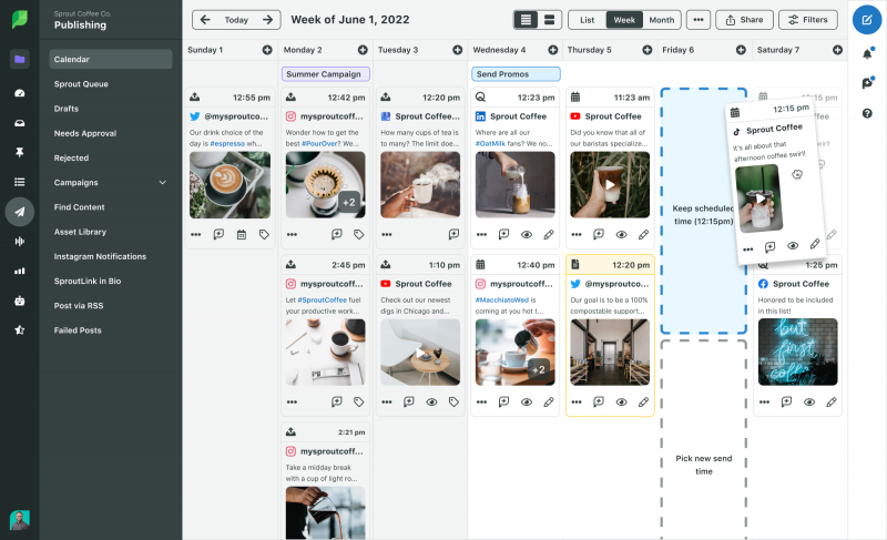 El calendario de publicación en Sprout Social donde las publicaciones se arrastran y sueltan en diferentes días.