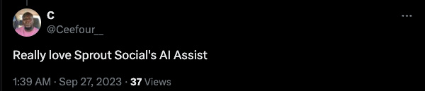   Una publicació X (anteriorment Twitter) d'un fan de Sprout Social's AI Assist