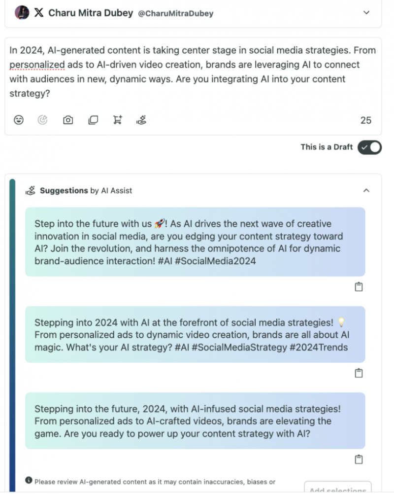 Utilice Sprout Social's Suggestions by AI Assist to craft posts at scale that engage your desired audiences across various channels.