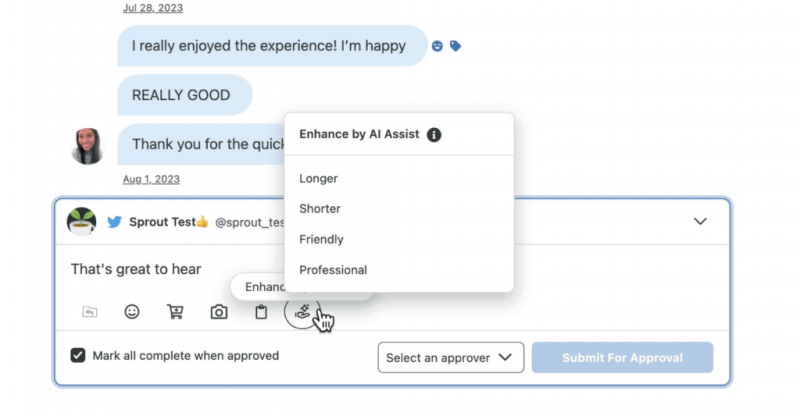 Enhance by AI Assist de Sprout refina las respuestas al sugerir diferentes tonos y estilos, lo que ayuda a los equipos de servicio al cliente a mantener una voz de marca consistente mientras responden rápidamente.