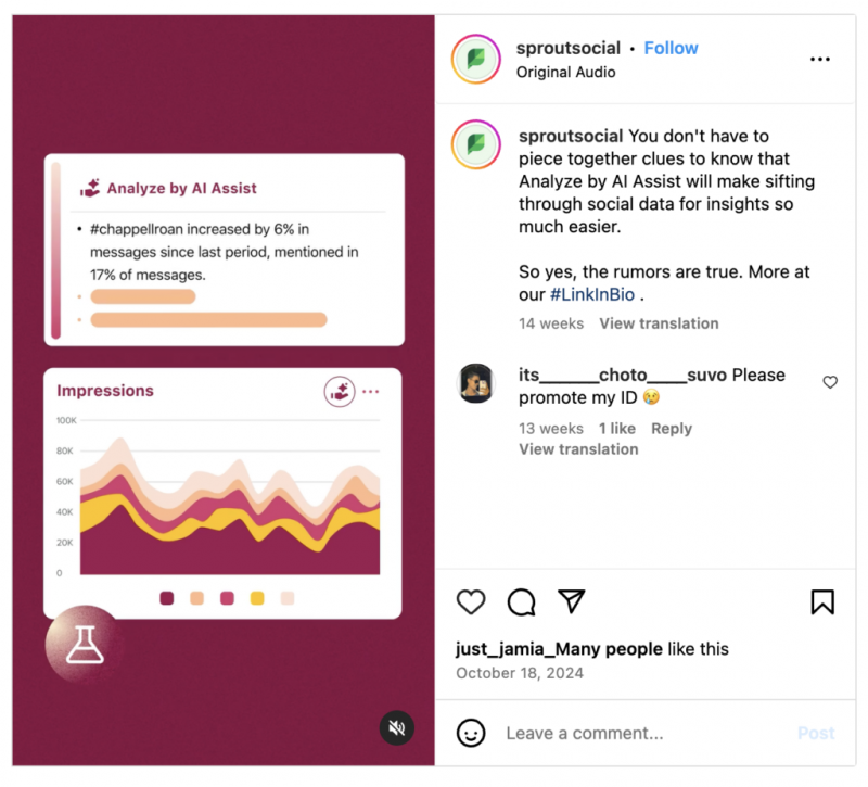   La función de Assist de análisis de AI de Sprout analiza los datos de escucha social y proporciona información importante