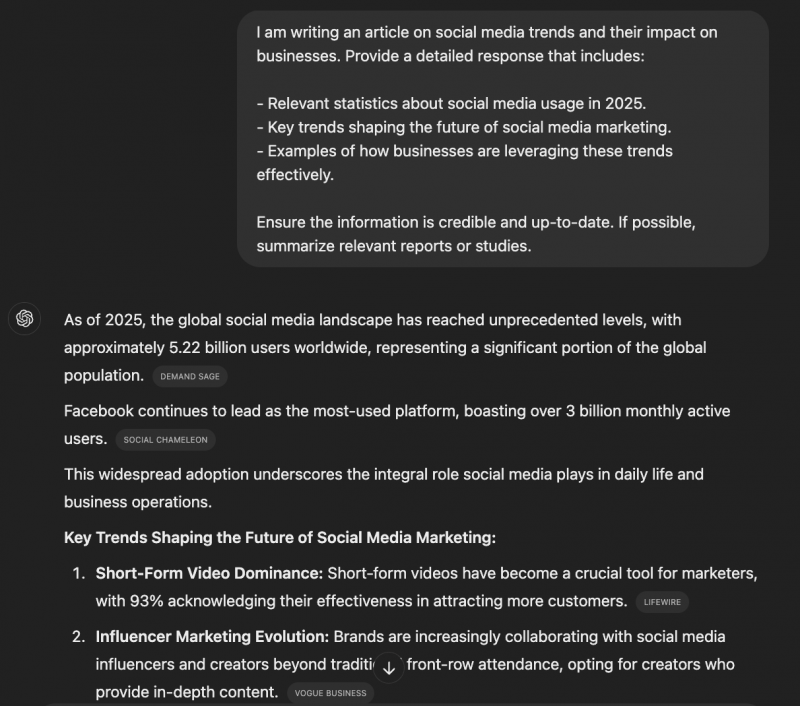 ChatGPT generuje podrobnou odpověď na trendy marketingu sociálních médií 2025, včetně relevantních statistik a zpráv.