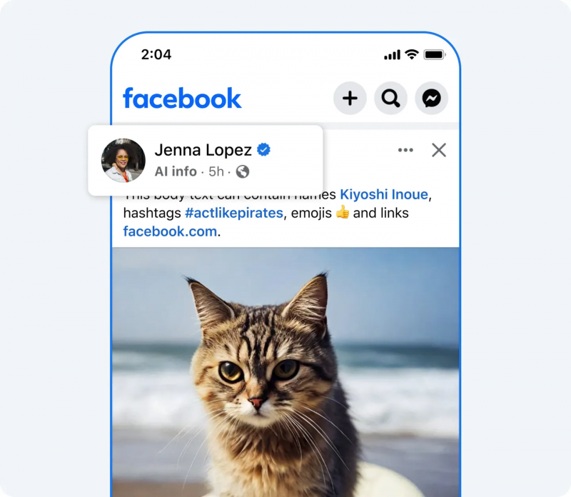   El descargo de responsabilidad de información de IA en la parte superior de una imagen de Facebook generada por IA