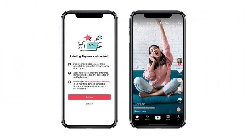   Una pantalla que explica TikTok's AI content labelling guidance side-by-side with another screen showing a TikTok video with an AI disclaimer that reads "Creator labeled as AI-generated."