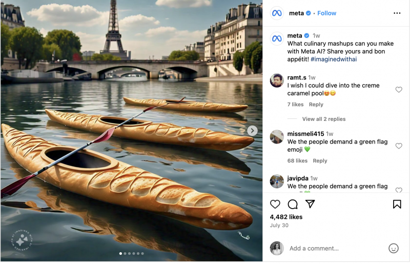   Una imagen de Instagram publicada por Meta de escenas generadas por IA que interpretan los nombres de los alimentos como escenas reales (como botes de pan)