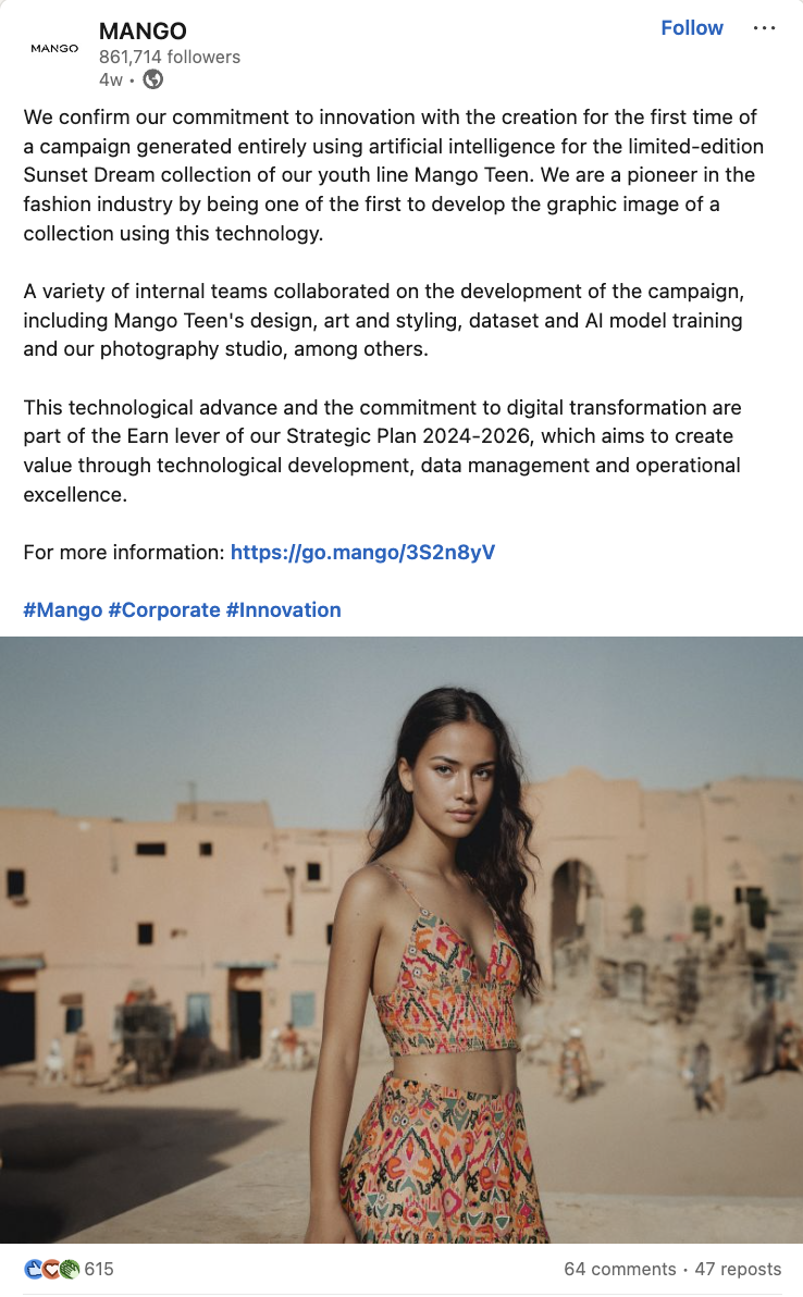   Una publicación de LinkedIn de MANGO que explica su campaña íntegramente generada por IA y una foto de la campaña.