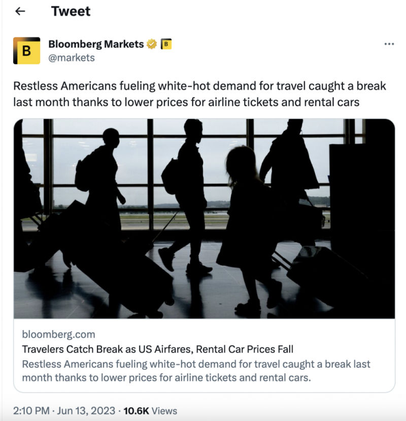   Captura de pantalla de un tuit de Bloomberg Markets sobre el aumento de los viajes en medio de la caída de las tarifas aéreas