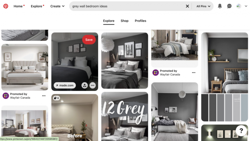   Captura de pantalla de pines de Pinterest de diseños de interiores con paredes grises