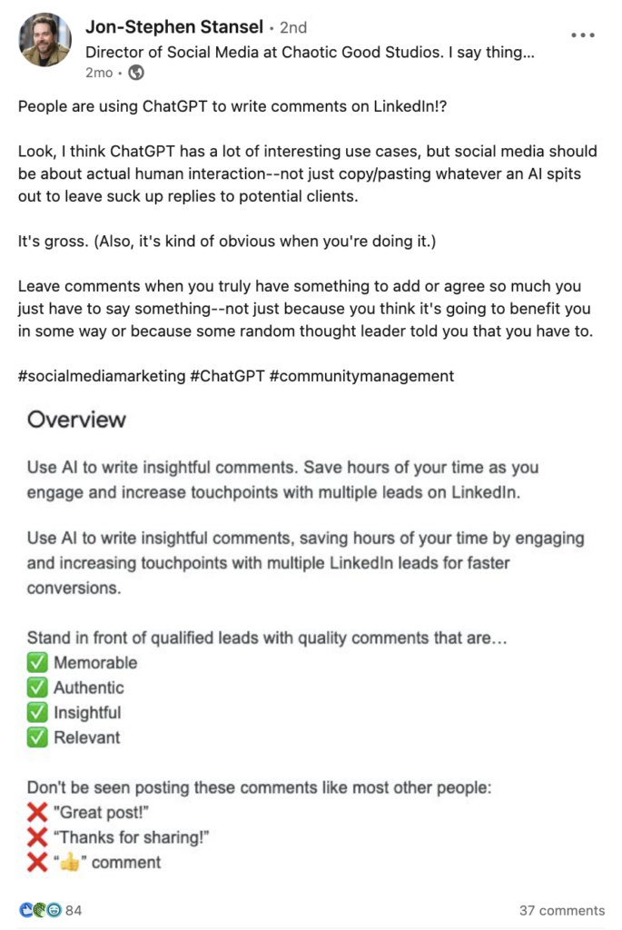   Una captura de pantalla de una publicación de LinkedIn donde el autor explica por qué la gente no debería't use AI to generate their comment responses to social media posts.