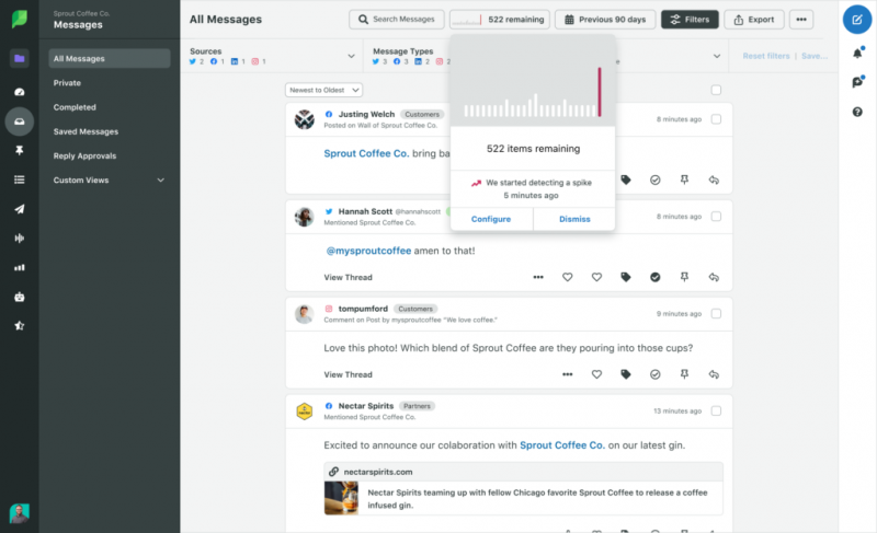 Una captura de pantalla de Sprout's platform that demonstrates message spike detection. In the screenshot, you can see the Smart Inbox and a message alert that reads: We started detected a spike 5 minutes ago.