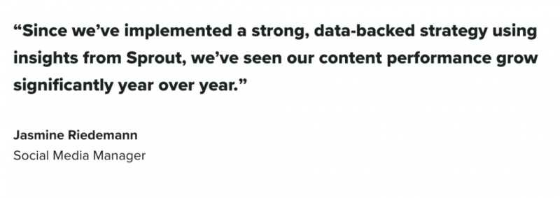 केसी का एक ग्राहक उद्धरण's social media manager saying how their content performance grew significantly after using Sprout Social