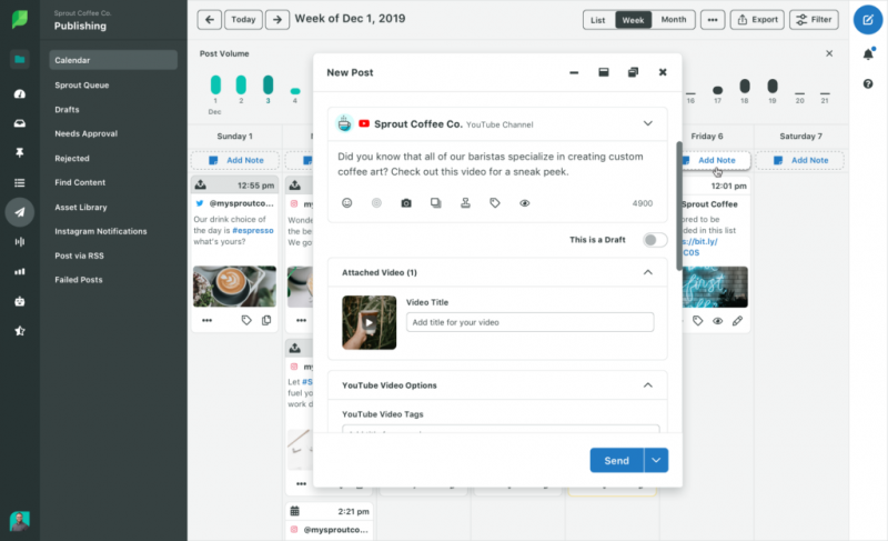 Una captura de pantalla de Sprout's compose window where you can write and schedule posts right from your content calendar.