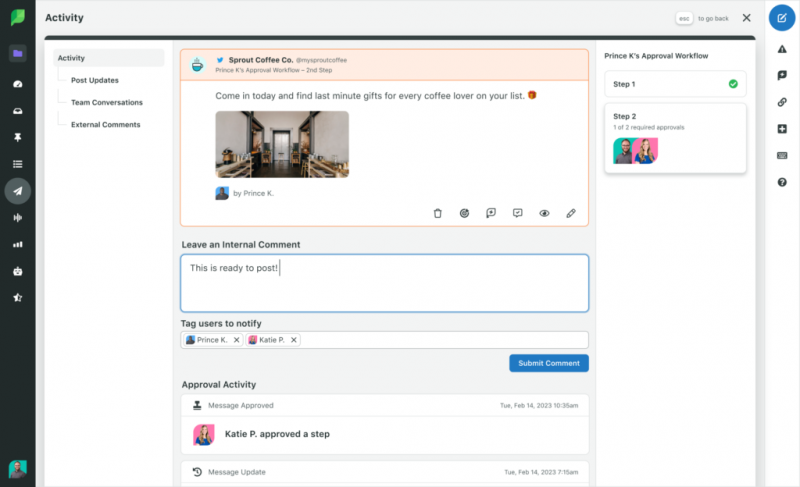 Brote's approval workflow where multiple stakeholders must see and approve content in Sprout before it can be published.