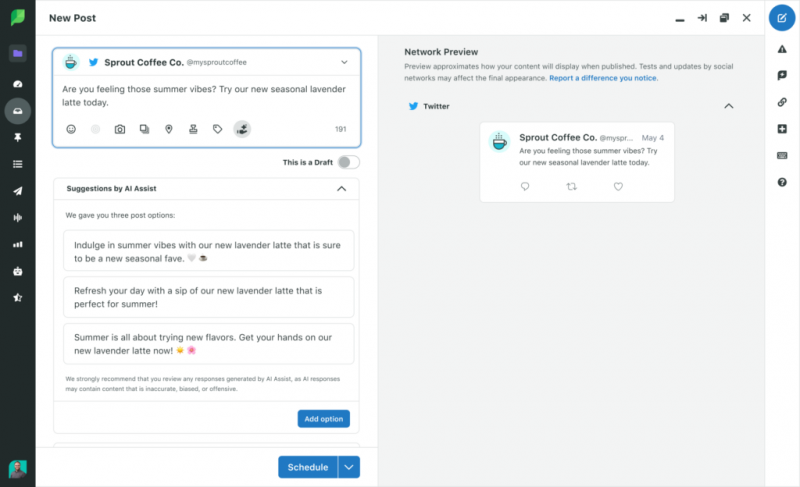 Una captura de pantalla de Sprout's upcoming AI Assist feature where three copy suggestions have been generated by AI.