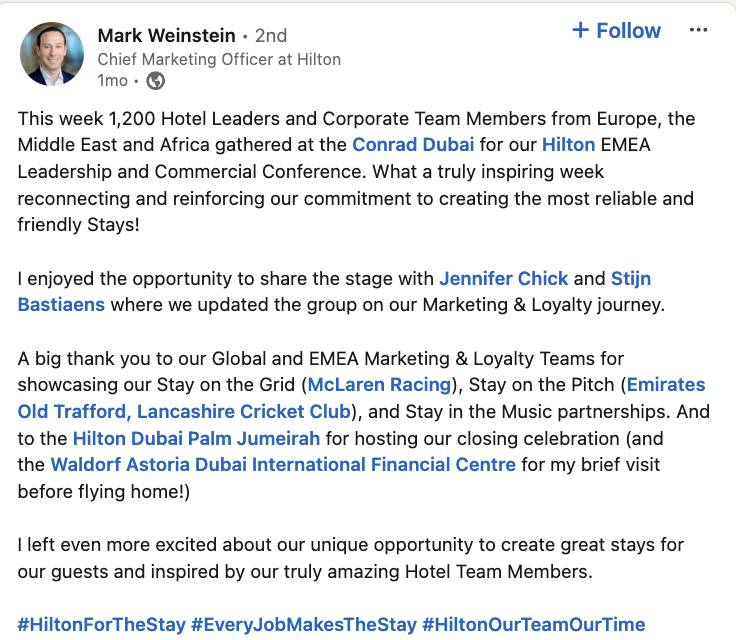   Hiltonova objava na LinkedInu's CMO about the company's EMEA Leadership and Commercial Conference for their employees 