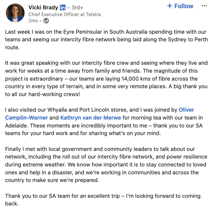   LinkedIn objava iz Telstre's CEO about her time visiting South Australia with teams on the frontlines who are building their intercity fiber network