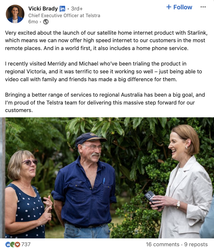   LinkedIn objava iz Telstre's CEO about the launch of their satellite home internet product and her conversations with customers