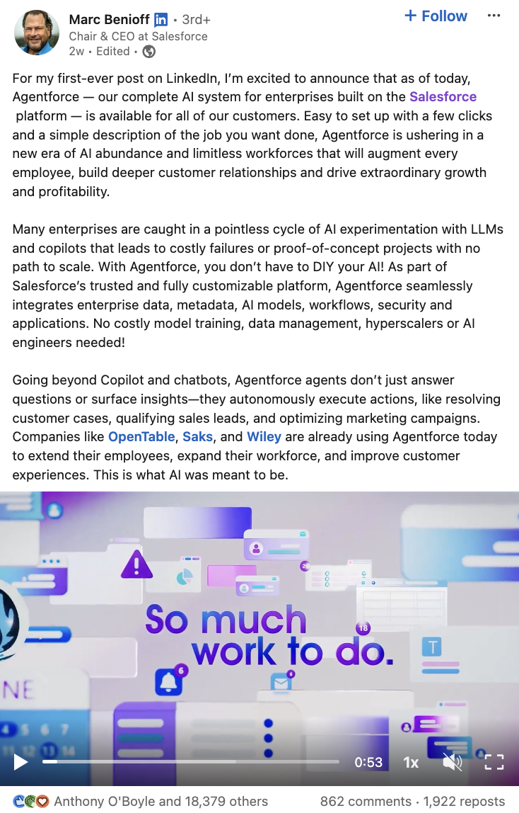   Objava LinkedIn iz Salesforce's CEO about the launch of Agentforce.
