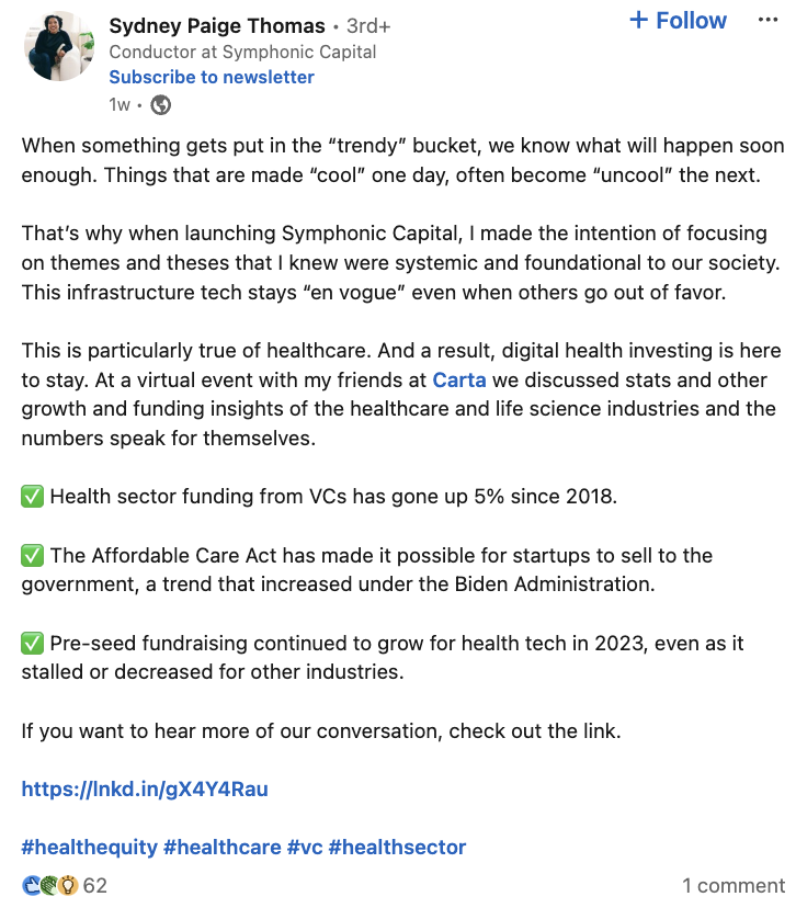   Objava na LinkedInu Sydney Paige Thomas, dirigentke pri Symphonic Capital, o tem, zakaj se je odločila vlagati v digitalne zdravstvene inovacije