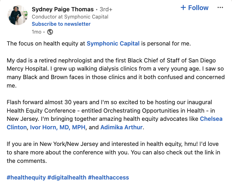   Objava na LinkedInu Sydney Paige Thomas, dirigentke pri Symphonic Capital, o njenem osebnem odnosu do pravičnosti in dostopa do zdravja