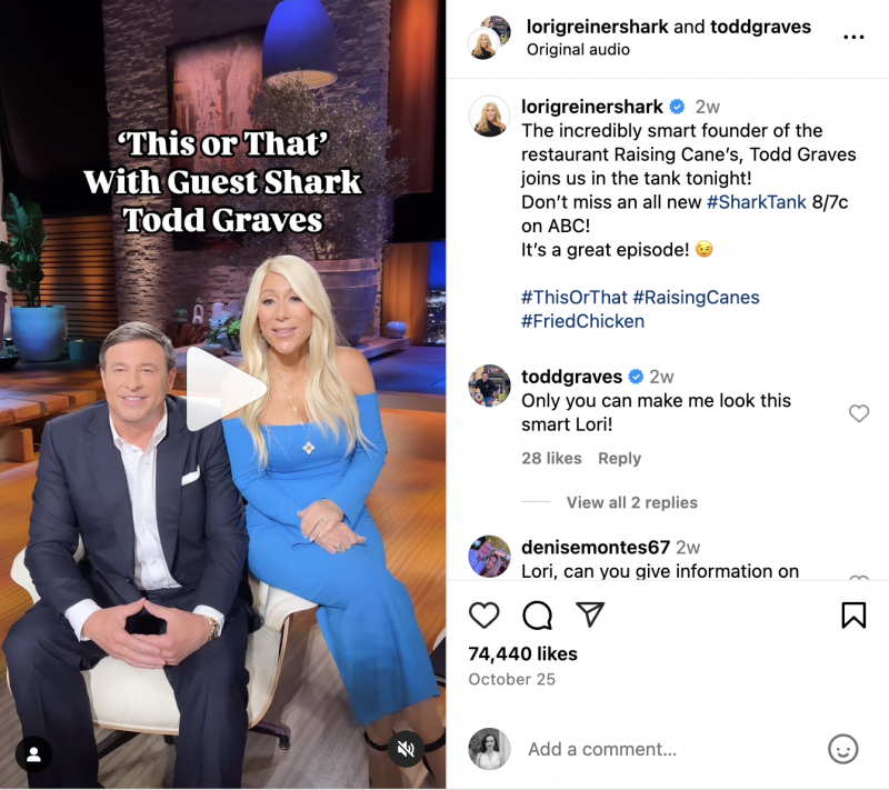   Objava na Instagramu Todda Gravesa (izvršnega direktorja podjetja Raising Cane's) and Lori Greiner from the set of Shark Tank