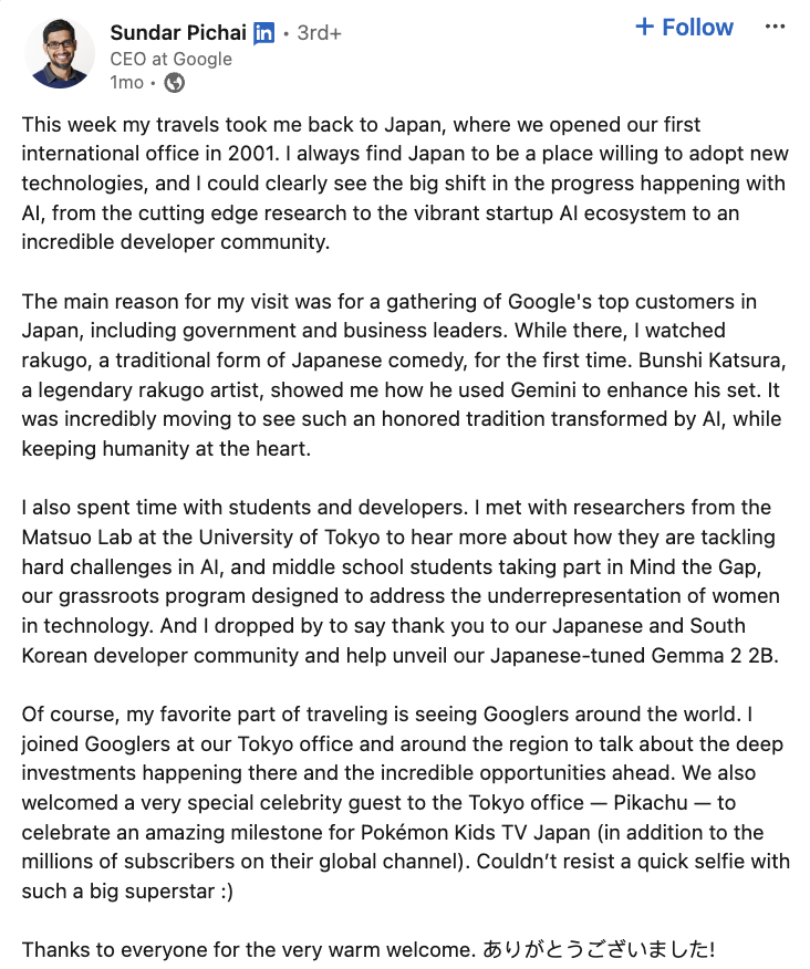   Objava na LinkedInu izvršnega direktorja Googla o enem tednu, ki ga je porabil za potovanje po Japonski v imenu podjetja