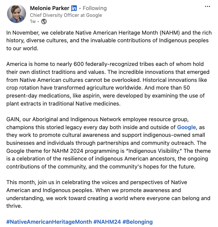   Objava iz Googla's Chief Diversity Officer about the company's celebration of National Native American Heritage Month