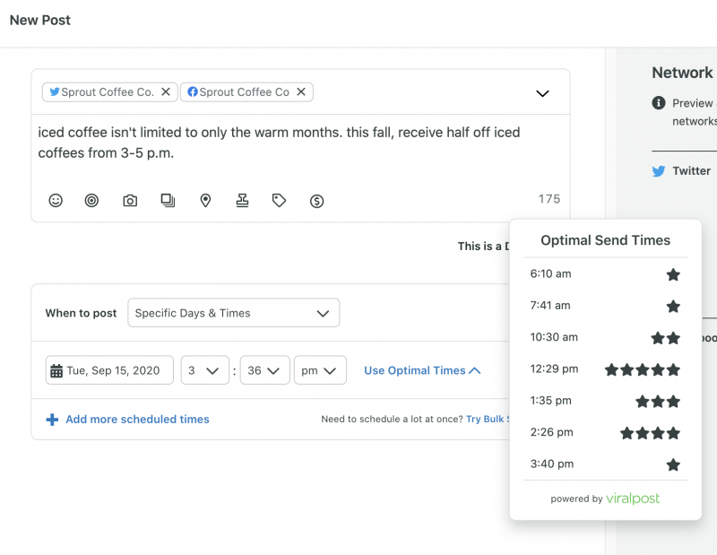   Une capture d'écran de Sprout's Optimal Send Times feature, powered by our ViralPost® technology, which identifies the best send times for posting your content on a specific day.