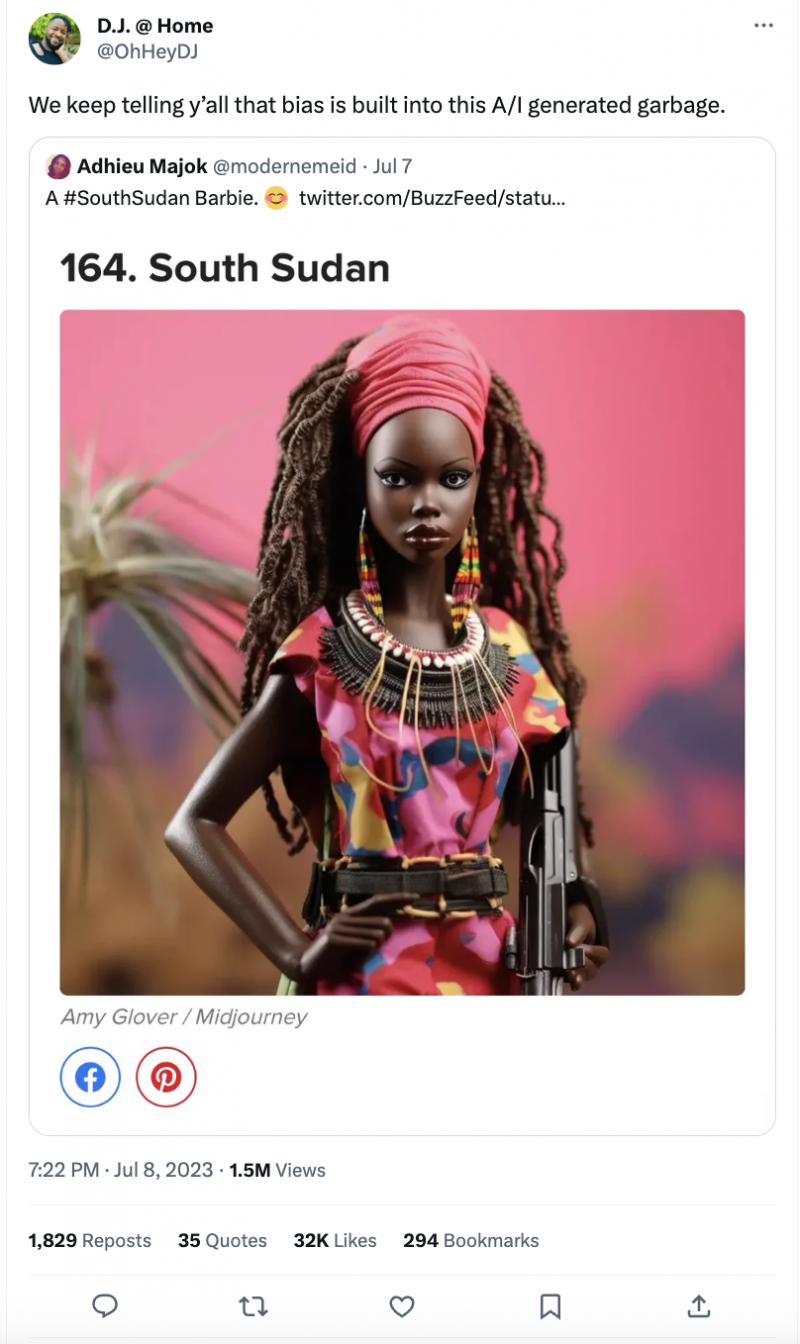   Una respuesta de un usuario a una foto generada por IA de '#SouthSudan Barbie' en un hilo de Twitter [rebautizado como X a partir de julio de 2023]. La publicación dice: 'Seguimos diciéndoles'all that bias is built into this AI-generated garbage."