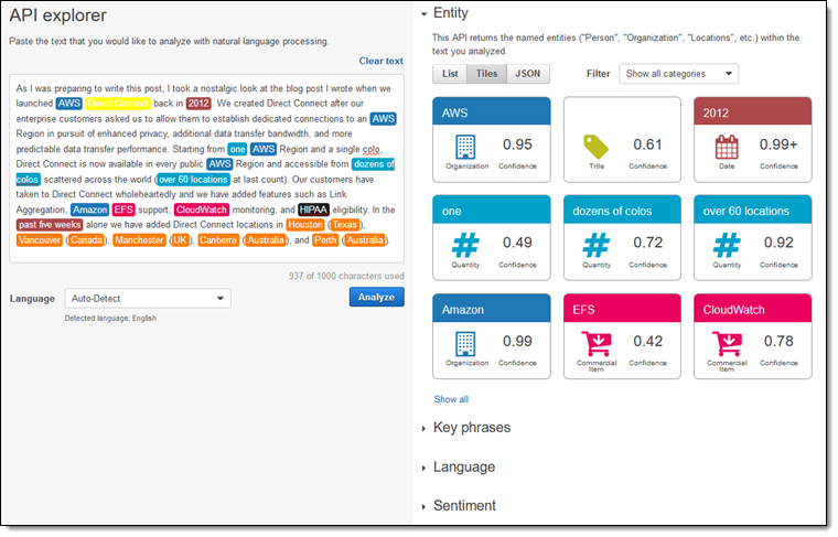 Captura de pantalla de Amazon Comprender's sentiment analysis tool.