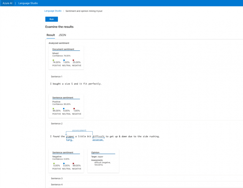 Captura de pantalla de Microsoft Azure's sentiment analysis tool.