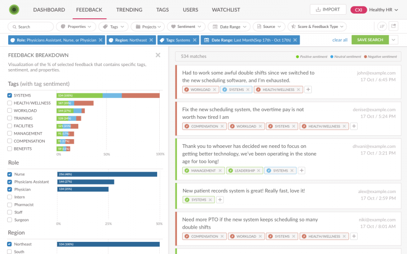 Captura de pantalla de InMoment's sentiment analysis tool.