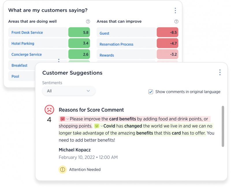 Captura de pantalla de Medallia's sentiment analysis tool with two overlays showing "what are my customers saying" and "customer suggestions."