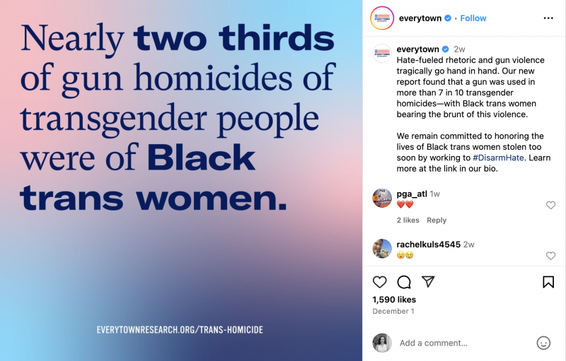   Una publicació d'Instagram de Everytown for Gun Safety sobre la violència perpetrada contra les dones trans negres