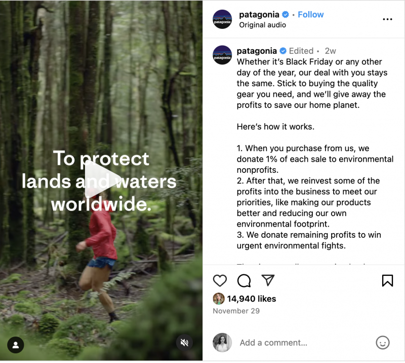   Un Instagram Reel que explica la Patagònia's approach to Black Friday, and how it's part of their year-long effort to protect the environment 