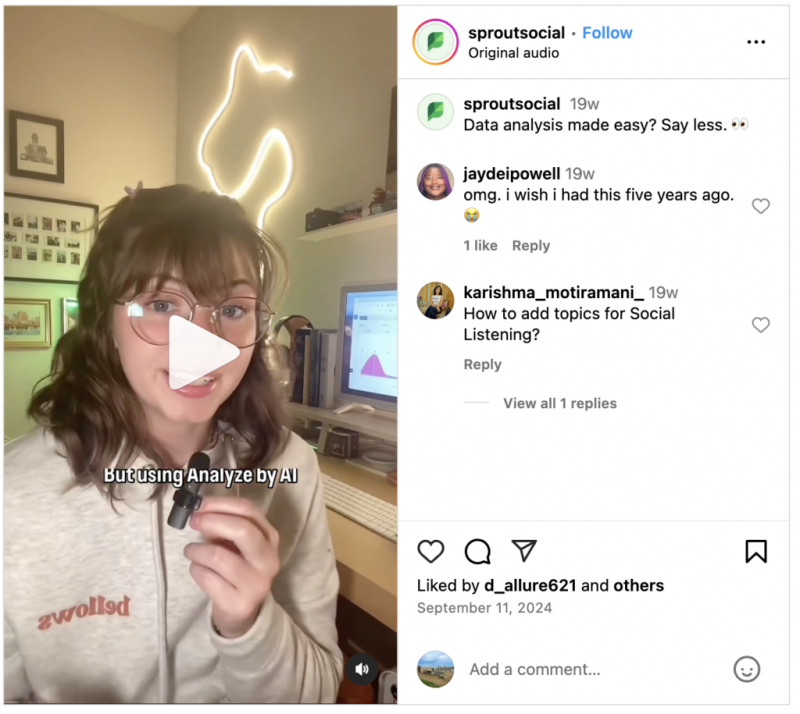   Una publicación de Instagram que muestra cómo brote's Analyze by Assist helps save time in reporting.