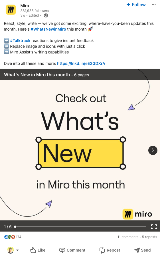 Un ejemplo de una publicación en carrusel de LinkedIn de Miro destacando el producto's new features.