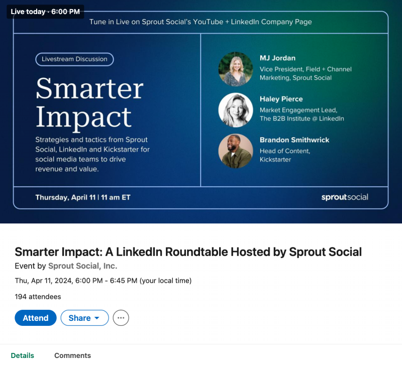 Un ejemplo de publicación de un evento en vivo en LinkedIn de Sprout Social.