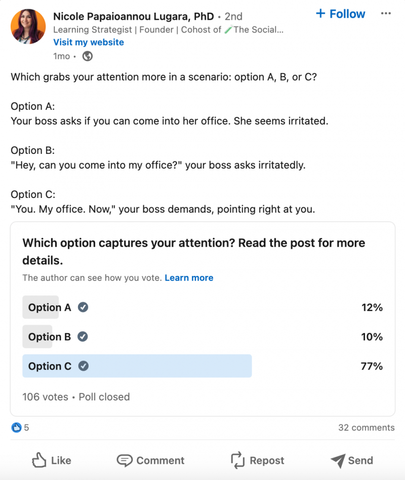 Un ejemplo de una encuesta de LinkedIn como idea de publicación en LinkedIn.