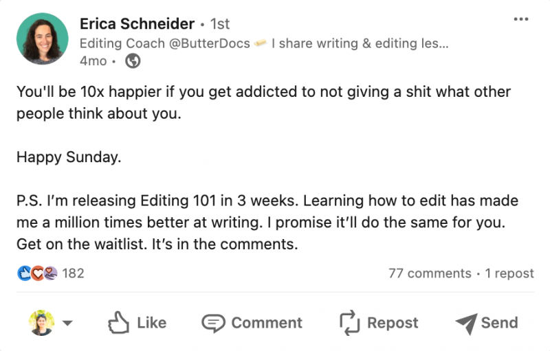 Un ejemplo de una publicación de LinkedIn que comparte pensamientos.