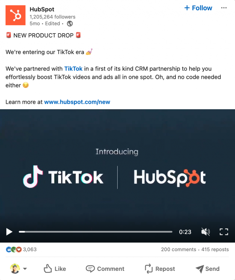 Un ejemplo de una publicación de LinkedIn de lanzamiento de producto de HubSpot.