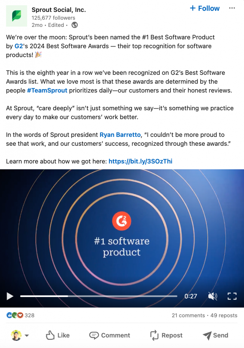 Un ejemplo de una publicación de LinkedIn de Sprout Social que celebra una victoria.