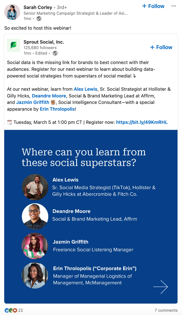 Un ejemplo de publicación en LinkedIn de un empleado de Sprout Social que comparte sobre un próximo seminario web.
