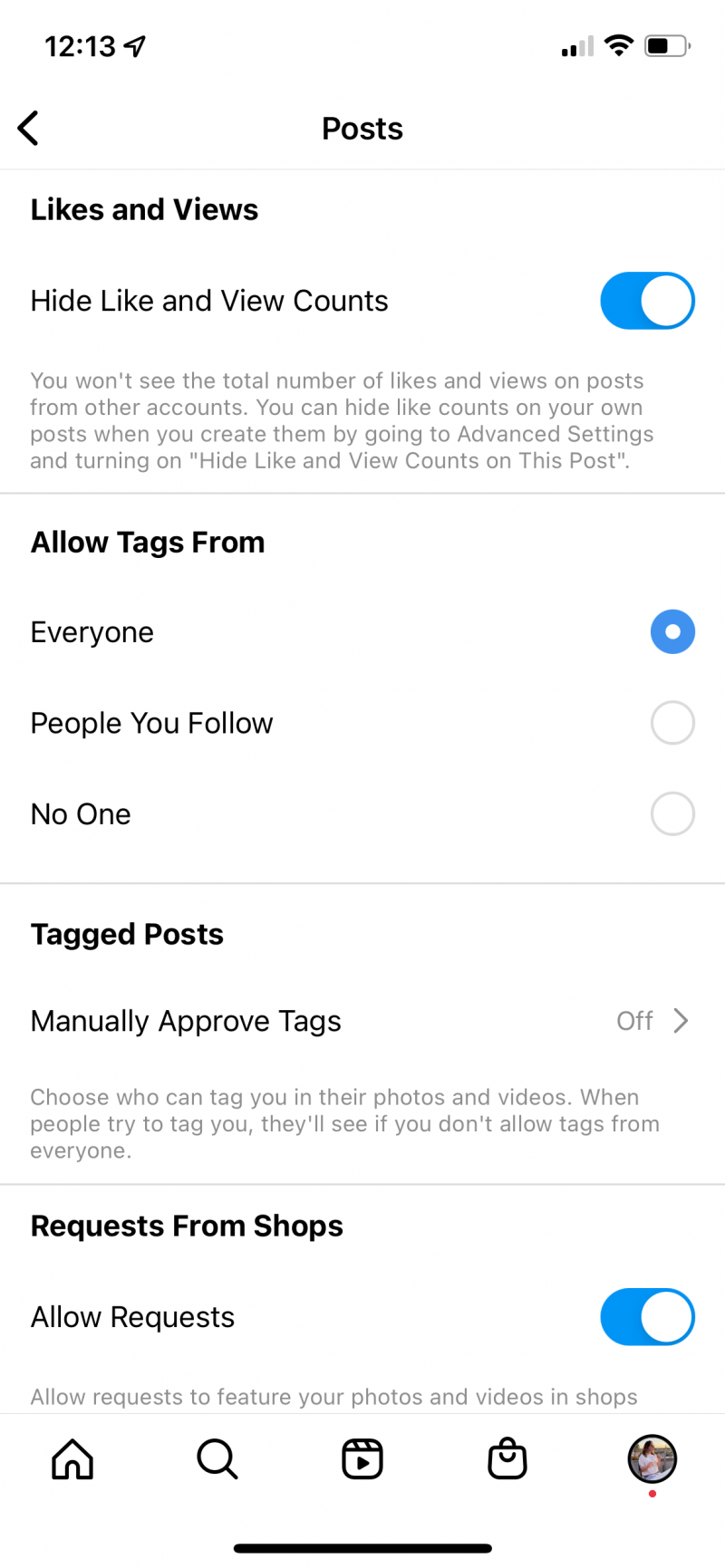 Snimka zaslona kako isključiti brojanje sviđanja i pregleda unutar Instagrama's post privacy settings.
