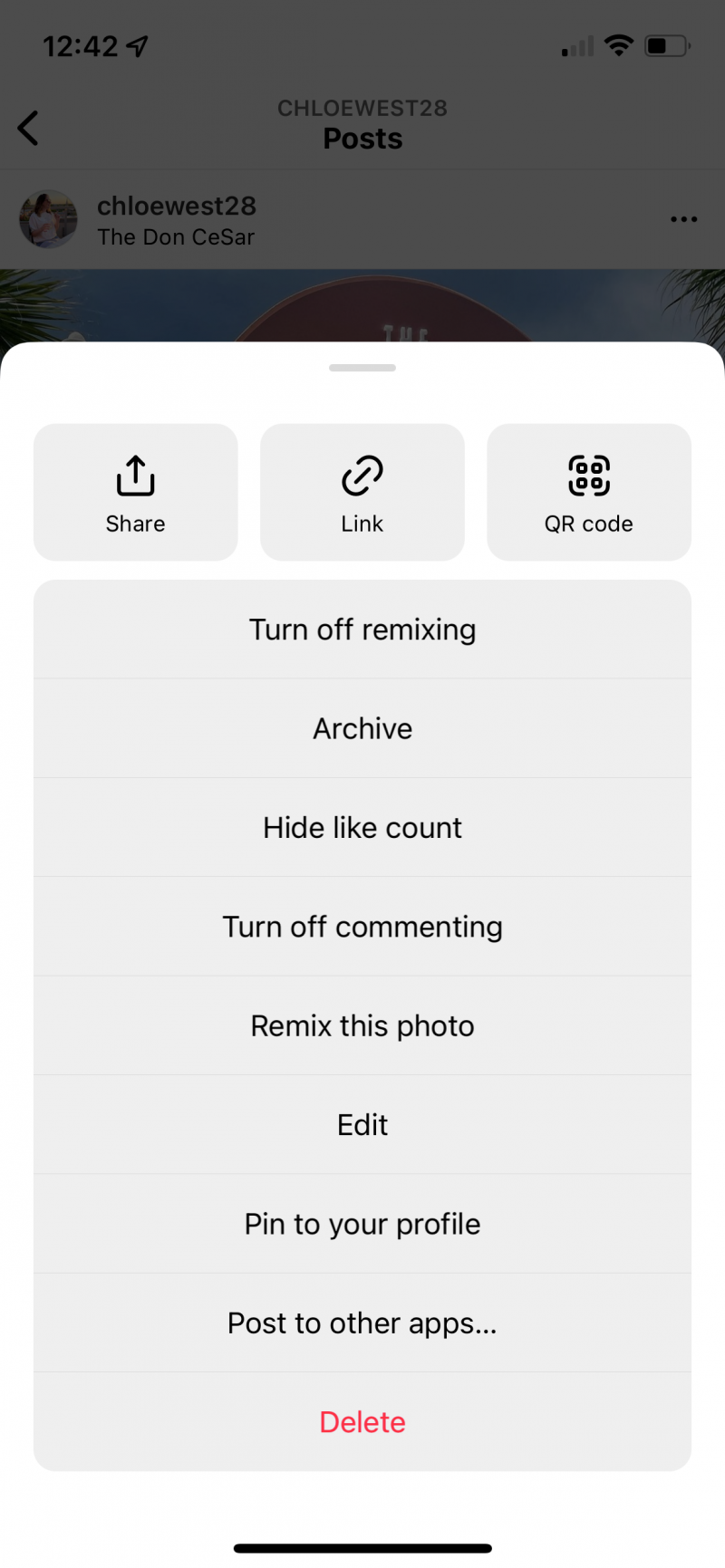 Snimka zaslona koja pokazuje kako sakriti lajkove na objavi na Instagramu nakon vas've published it through the image settings.