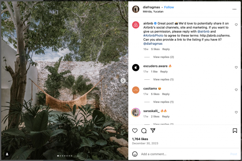   Uno screenshot di Airbnb che chiede il permesso di ripubblicare un'immagine di Instagram