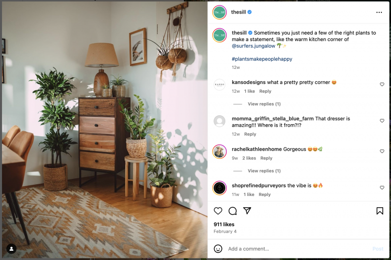   Uno screenshot di The Sill che cita il fotografo originale di un post su Instagram