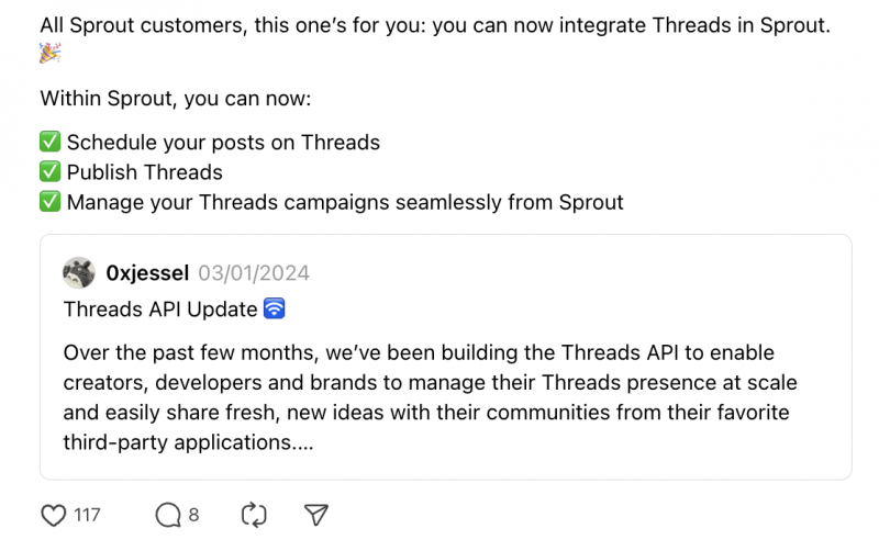   स्प्राउट की घोषणा करने वाली एक पोस्ट's integration with Threads and its scheduling and publishing features. 