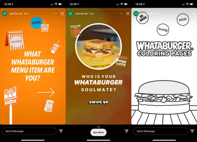 Uno screenshot di Whataburger che condivide contenuti accattivanti nei momenti salienti della loro storia di Instagram.