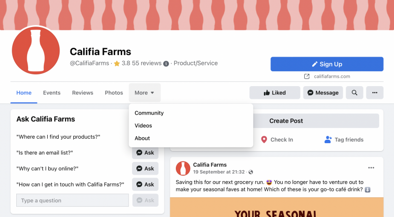 Facebook stranica Califia Farms prikazuje sve odjeljke dostupne za pregled